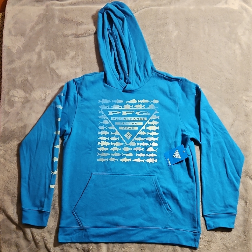 Columbia Bright Blue Fish Graphic Hoodie Large
